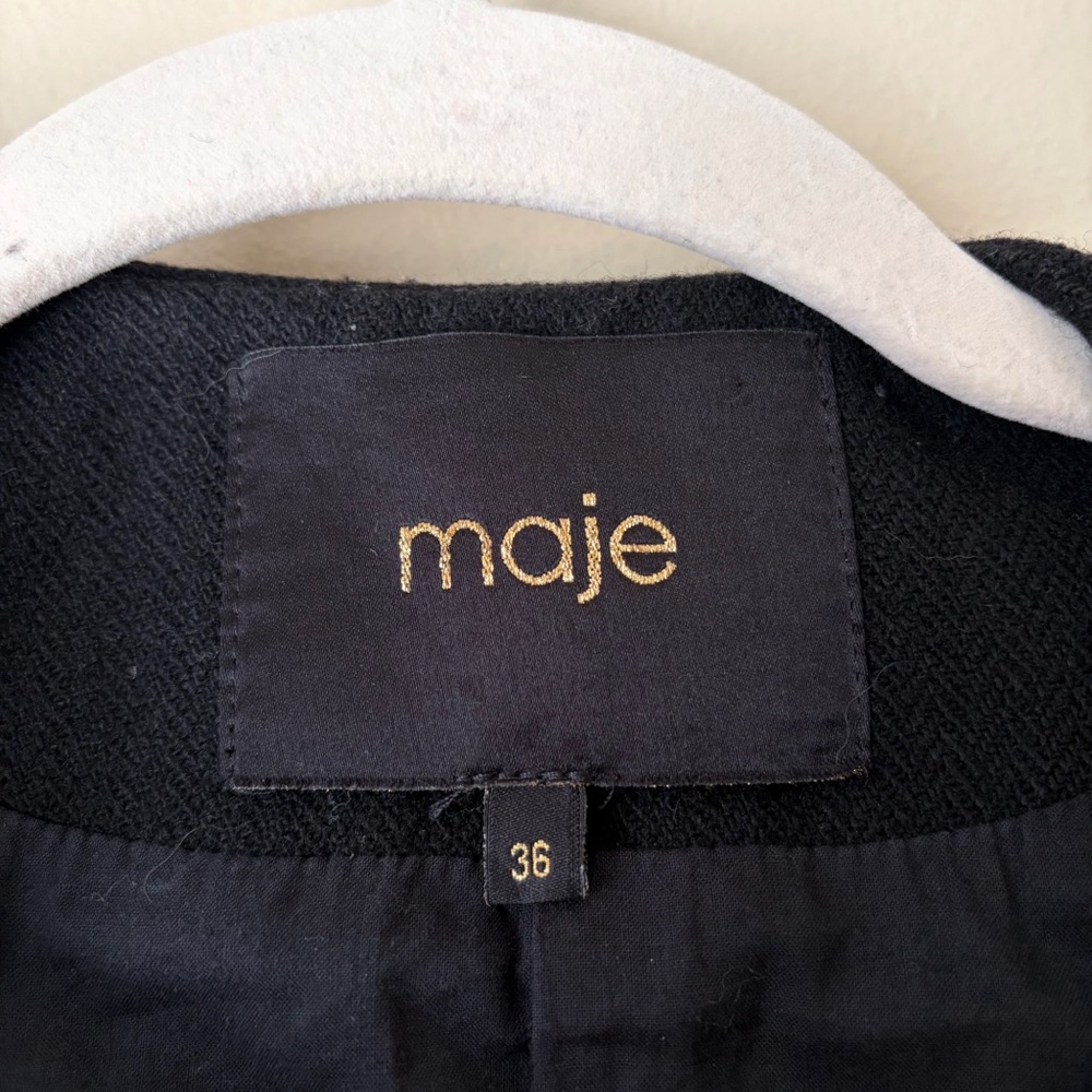 Maje | Wool Blend & Leather Asymmetrical Full Zip Jacket Moto Black Small - Picture 7 of 8